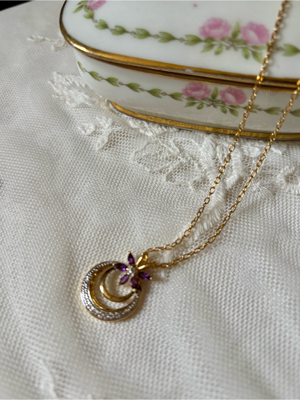 Gold Crescent Moon Pendant Necklace with Purple Flower Accent